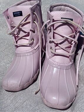 Sperry Duck Boots Girls Size 3 Pink Khaki Waterproof Lace Up Rain Boots
